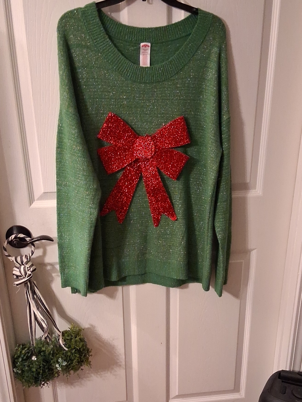 Holiday Time Green Crewneck Sweater with Red Glitter Bow